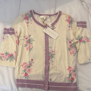 LoveShackFancy Floral Cardigan in Cream and Purple